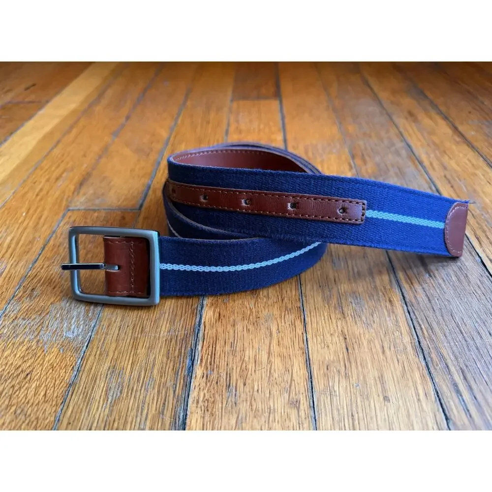 Reversible Blue Striped Cotton Italian Leather Belt Womens sz 30 (runs small)